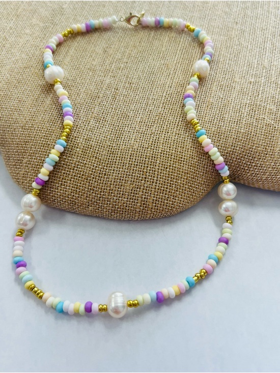 Hand Crafted Jewelry - Hand Crafted Pastel Bead & Pearl Necklace with Gold Accents